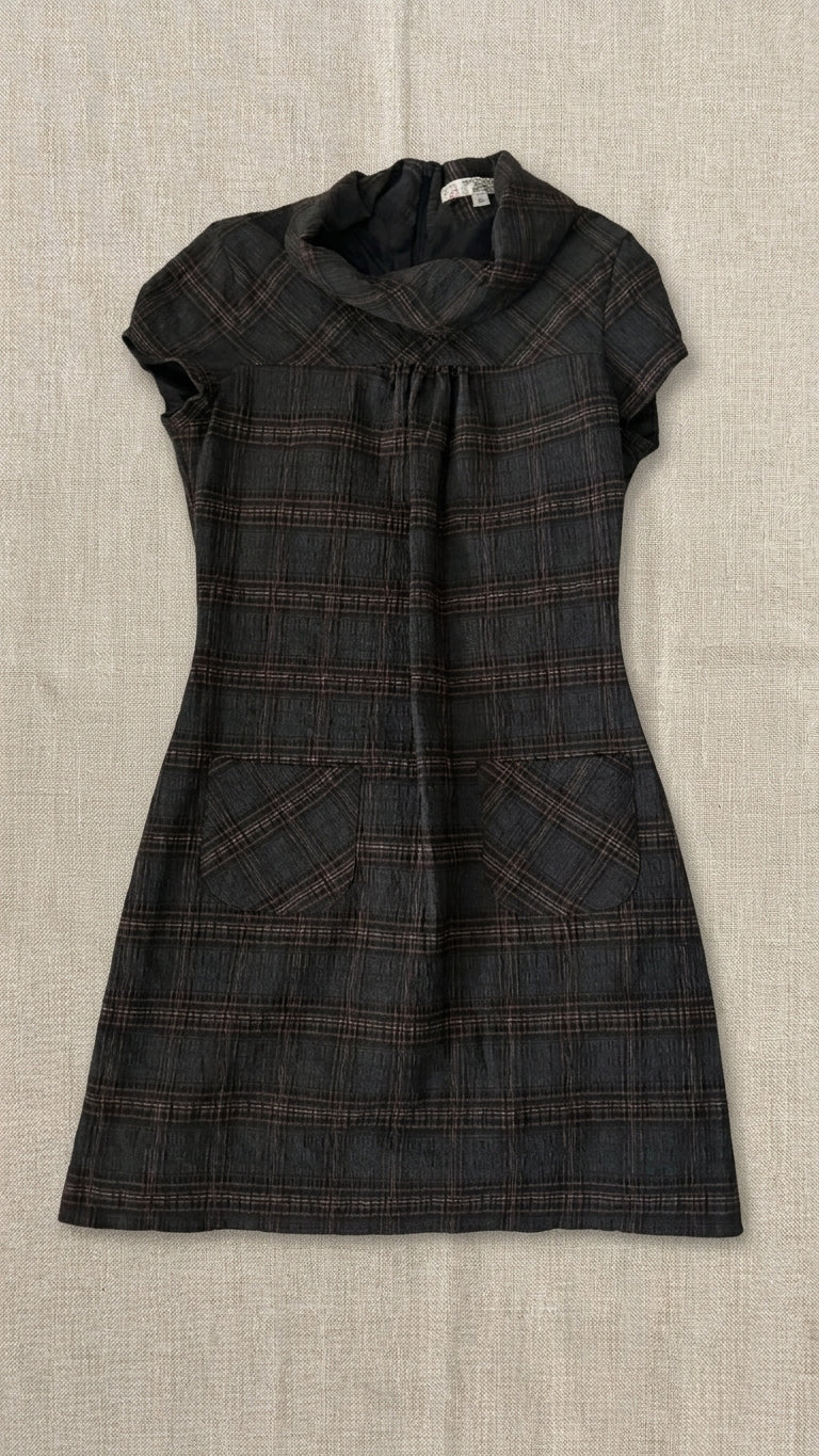 Plaid Cowl-Neck Short Sleeve Mid-Length Dress