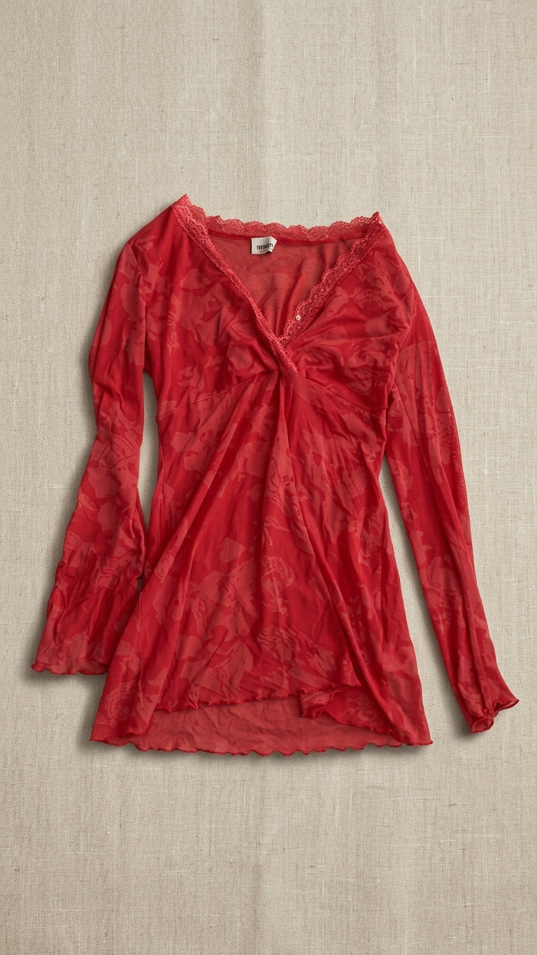 Sheer Floral Mesh Lace-Trimmed Long-Sleeve Mini Dress