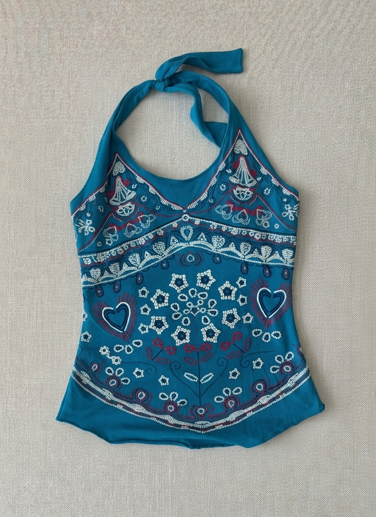 Y2K Teal Bandana-Style Heart Halter Cami