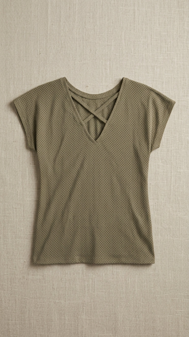 Mesh Crisscross Strappy V-Neck Short-Sleeve Top