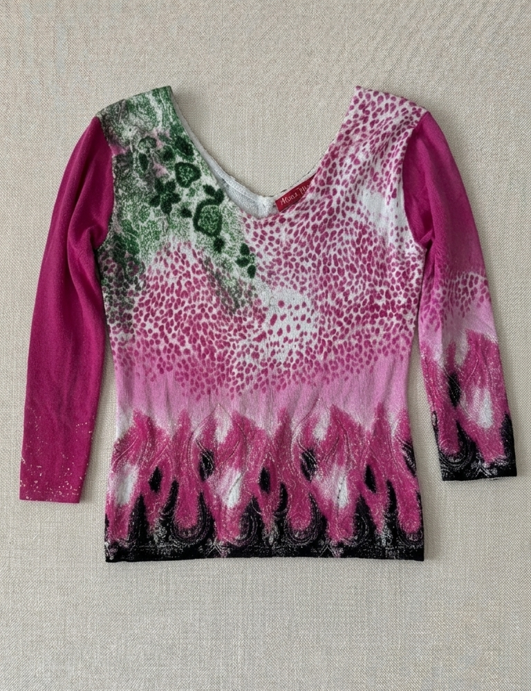 Y2K Pink & Moss Green Mixed Pattern Scoop Neck