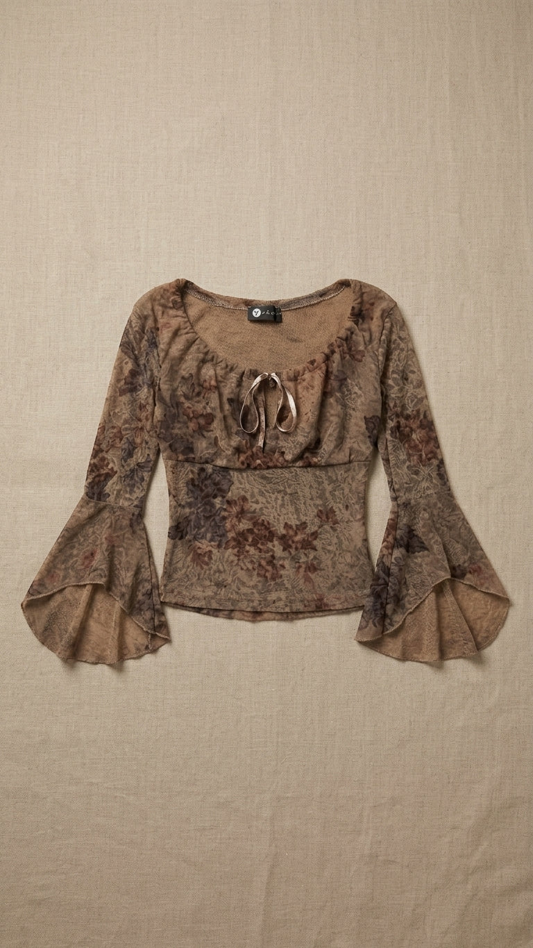 Floral Mesh Bell-Sleeve Milkmaid Top