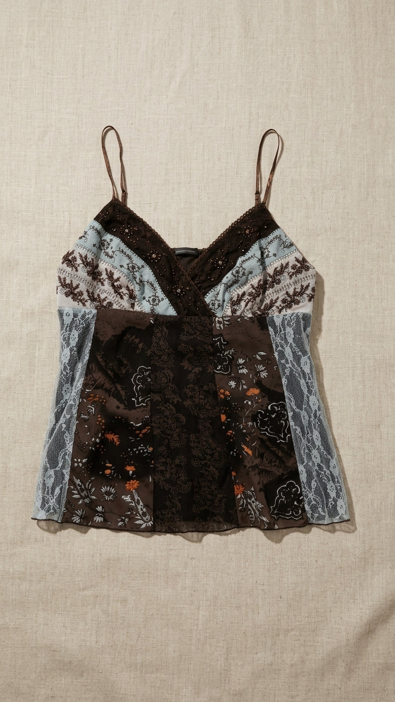 Mixed Print Lace-Trimmed Cami Baby-doll Top