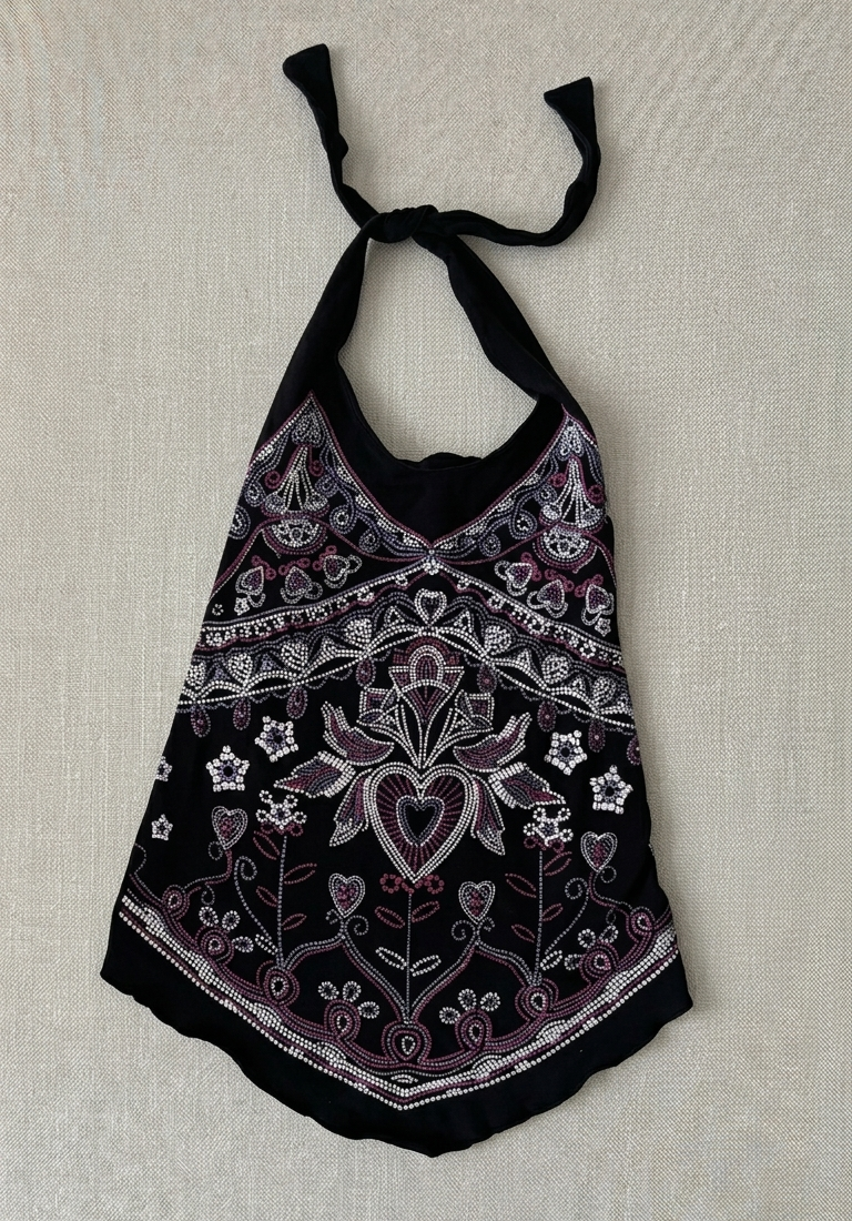 Black Beaded Mandala Heart Halter Top